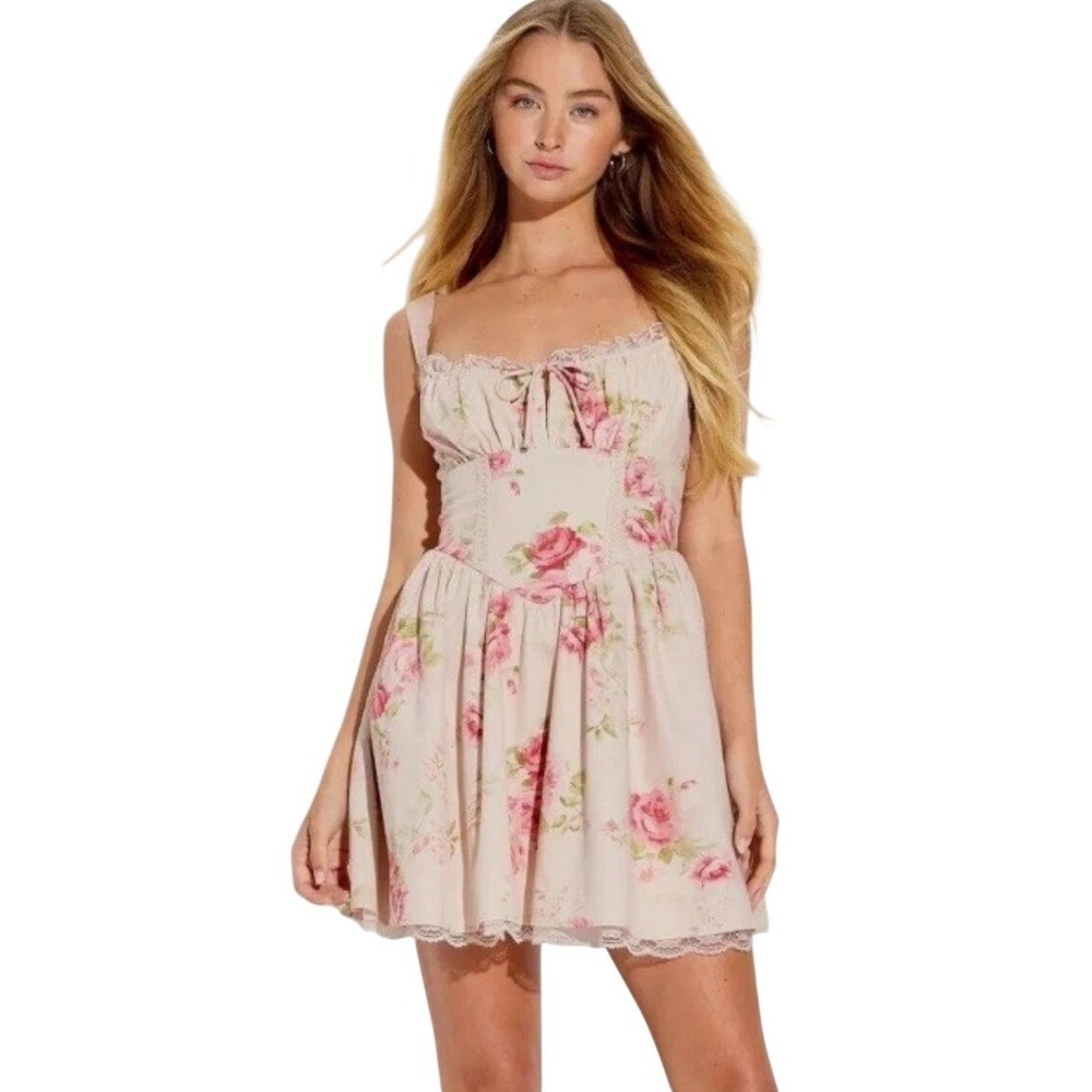 Wild Fable Floral Corset Fit & Flare Mini Dress Pink Rose Lace Trim XL